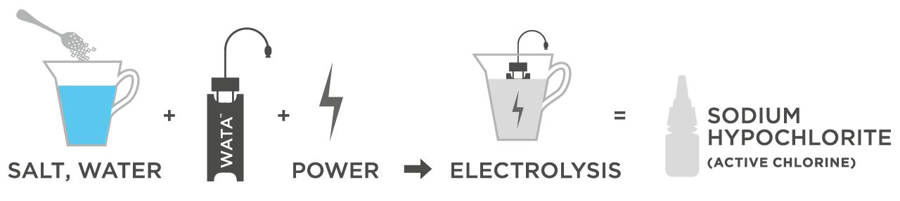 Salt and water, plus a WATA device, plus power, produce electrolysis resulting in sodium hypochlorite (active chlorine).