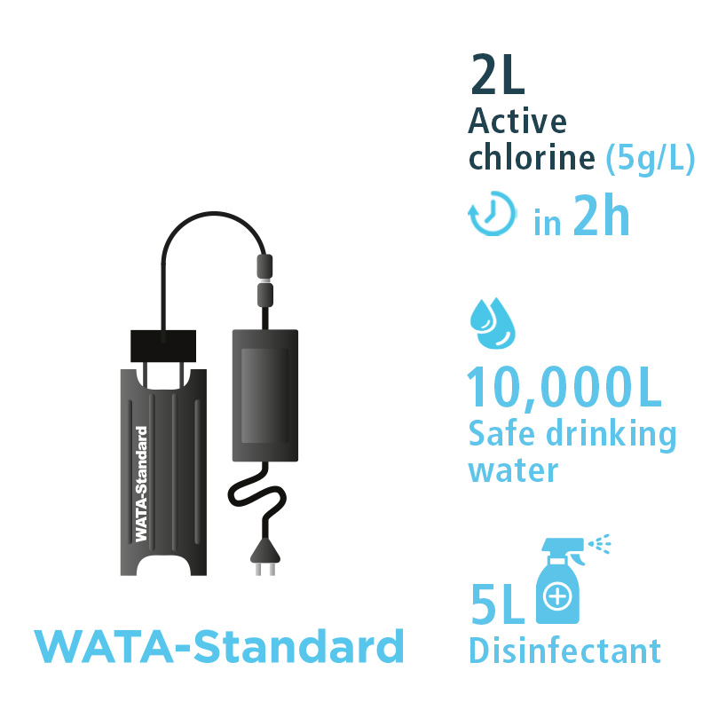 WATA-Standard electrolyser producing 10 g of active chlorine and treating 10,000 L of water per batch.