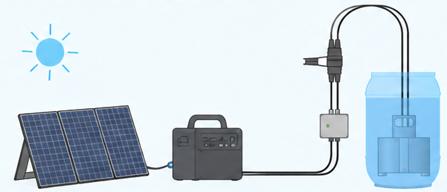 Plug-and-play solar WATA setup: solar module connected to a portable power unit, powering a WATA cell in a tank.