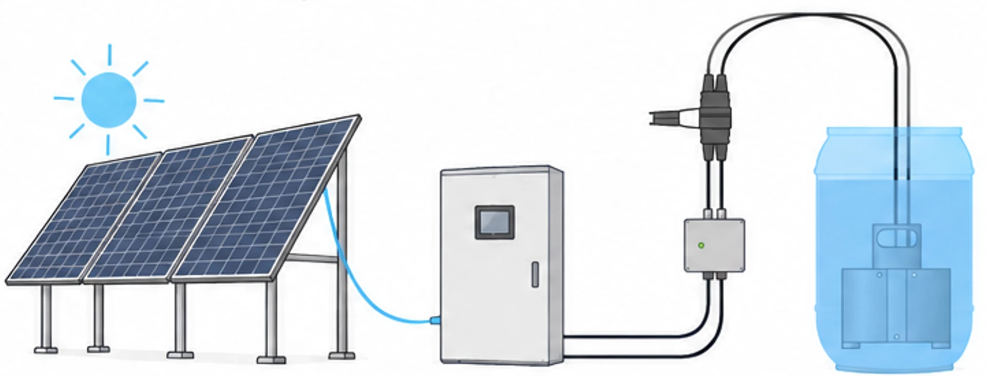 Custom solar WATA installation: ground-mounted solar array connected to an energy management cabinet, powering a WATA system in a tank.