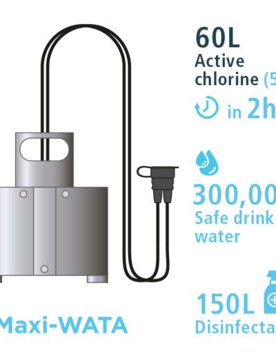 The Maxi-WATA produces 60L of active chlorine at 5g/L in 2 hours